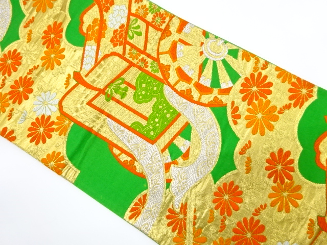 JAPANESE KIMONO / ANTIQUE FUKURO OBI / SILK / WOVEN CARRIAGE & CLOUD